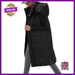Long Hooded Puffer Vest Sleeveless Winter Coat Warm Quilted Jacket